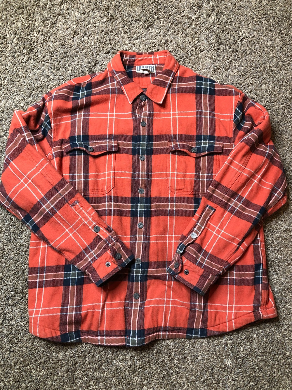Duluth Men's XXL Flannel Jacket Orange & Blue fleece lined snap up